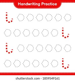 Práctica de escritura a mano. Rastreo de Candy Canes. Juego infantil educativo, hoja de cálculo imprimible, ilustración vectorial