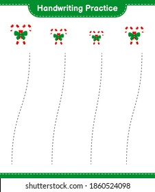 Handwriting practice. Tracing lines of Candy Canes with Ribbon. Educational children game, printable worksheet, vector illustration
