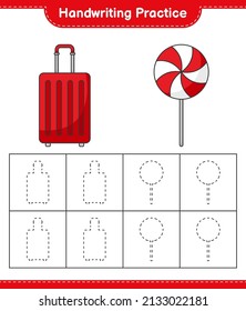 Handwriting practice. Tracing lines of Candy and Travel Bag. Educational children game, printable worksheet, vector illustration