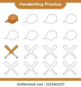 Handwriting practice. Tracing lines of Cap Hat and Baseball Bat. Educational children game, printable worksheet, vector illustration