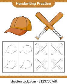 Handwriting practice. Tracing lines of Cap Hat and Baseball Bat. Educational children game, printable worksheet, vector illustration