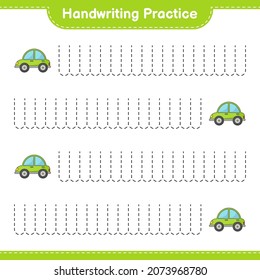 Práctica de escritura a mano. Rastreo de líneas de auto. Juego infantil educativo, hoja de cálculo imprimible, ilustración vectorial