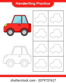 Práctica de escritura a mano. Rastreo de líneas de auto. Juego infantil educativo, hoja de cálculo imprimible, ilustración vectorial
