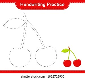 Práctica de escritura a mano. Rastreo de líneas de cereza. Juego infantil educativo, hoja de cálculo imprimible, ilustración vectorial