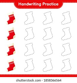 Handwriting practice. Tracing lines of Christmas Stocking. Educational children game, printable worksheet, vector illustration