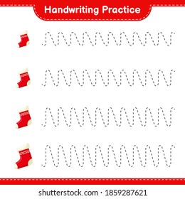 Handwriting practice. Tracing lines of Christmas Stocking. Educational children game, printable worksheet, vector illustration