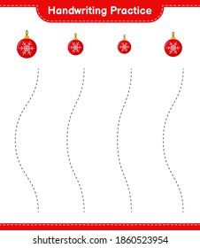 Práctica de escritura a mano. Rastreo de líneas de bolas de Navidad. Juego infantil educativo, hoja de cálculo imprimible, ilustración vectorial
