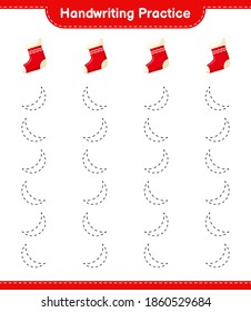 Handwriting practice. Tracing lines of Christmas Stocking. Educational children game, printable worksheet, vector illustration