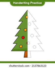 Práctica de escritura a mano. Rastreo de líneas del árbol de Navidad. Juego infantil educativo, hoja de cálculo imprimible, ilustración vectorial