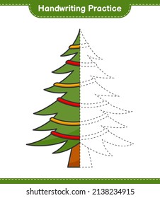 Handschriftübungen. Rennstrecken des Weihnachtsbaumes. Kinderspiel, druckbares Arbeitsblatt, Vektorgrafik