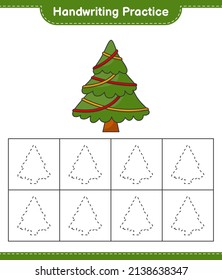 Práctica de escritura a mano. Rastreo de líneas del árbol de Navidad. Juego infantil educativo, hoja de cálculo imprimible, ilustración vectorial