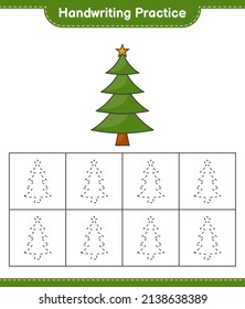 Práctica de escritura a mano. Rastreo de líneas del árbol de Navidad. Juego infantil educativo, hoja de cálculo imprimible, ilustración vectorial