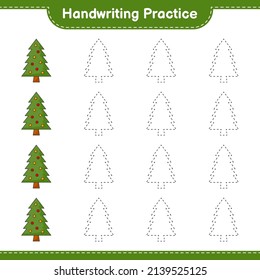 Handschriftübungen. Rennstrecken des Weihnachtsbaumes. Kinderspiel, druckbares Arbeitsblatt, Vektorgrafik