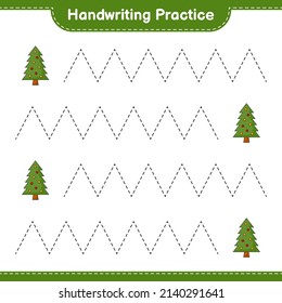 Práctica de escritura a mano. Rastreo de líneas del árbol de Navidad. Juego infantil educativo, hoja de cálculo imprimible, ilustración vectorial
