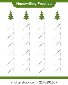 Handschriftübungen. Rennstrecken des Weihnachtsbaumes. Kinderspiel, druckbares Arbeitsblatt, Vektorgrafik