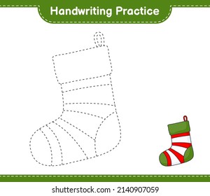Handwriting practice. Tracing lines of Christmas Sock. Educational children game, printable worksheet, vector illustration