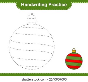 Práctica de escritura a mano. Rastreo de líneas de la pelota de Navidad. Juego infantil educativo, hoja de cálculo imprimible, ilustración vectorial