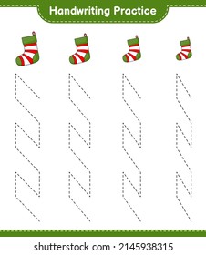 Handwriting practice. Tracing lines of Christmas Sock. Educational children game, printable worksheet, vector illustration