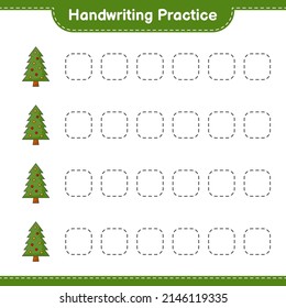 Handschriftübungen. Rennstrecken des Weihnachtsbaumes. Kinderspiel, druckbares Arbeitsblatt, Vektorgrafik