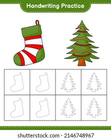 Handwriting practice. Tracing lines of Christmas Sock and Christmas Tree. Educational children game, printable worksheet, vector illustration