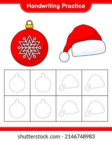 Práctica de escritura a mano. Trazando líneas de la bola de Navidad y Santa Hat. Juego infantil educativo, hoja de cálculo imprimible, ilustración vectorial