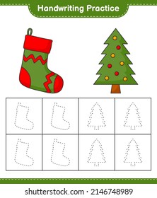 Práctica de escritura a mano. Rastreo de líneas del muelle de Navidad y del árbol de Navidad. Juego infantil educativo, hoja de cálculo imprimible, ilustración vectorial