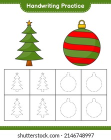 Handschriftübungen. Trainingslinien von Weihnachtsbaum und Weihnachtsball. Kinderspiel, druckbares Arbeitsblatt, Vektorgrafik