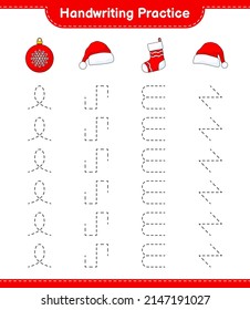 Práctica de escritura a mano. Rastreo de líneas de la bola de Navidad, Sombrero de Papá Noel y el muelle de Navidad. Juego infantil educativo, hoja de cálculo imprimible, ilustración vectorial