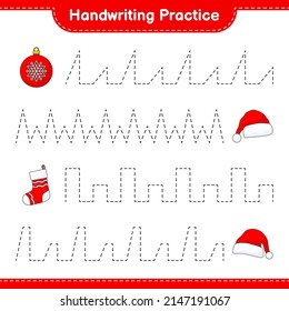Handwriting practice. Tracing lines of Christmas Ball, Santa Hat, and Christmas Sock. Educational children game, printable worksheet, vector illustration