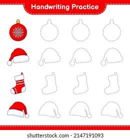 Handwriting practice. Tracing lines of Christmas Ball, Santa Hat, and Christmas Sock. Educational children game, printable worksheet, vector illustration
