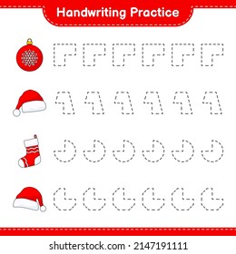 Práctica de escritura a mano. Rastreo de líneas de la bola de Navidad, Sombrero de Papá Noel y el muelle de Navidad. Juego infantil educativo, hoja de cálculo imprimible, ilustración vectorial