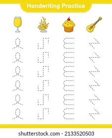 Práctica de escritura a mano. Líneas de seguimiento de Cocktail, Coral, Cup Cake y Ukulele. Juego infantil educativo, hoja de cálculo imprimible, ilustración vectorial