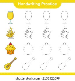 Handwriting practice. Tracing lines of Cocktail, Coral, Cup Cake, and Ukulele. Educational children game, printable worksheet, vector illustration