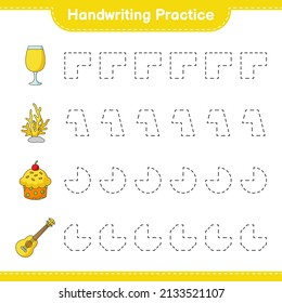 Práctica de escritura a mano. Líneas de seguimiento de Cocktail, Coral, Cup Cake y Ukulele. Juego infantil educativo, hoja de cálculo imprimible, ilustración vectorial