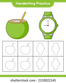 Handwriting practice. Tracing lines of Coconut and Watches. Educational children game, printable worksheet, vector illustration