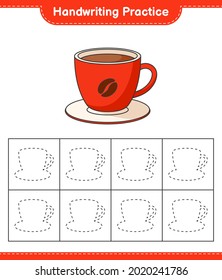Handschriftübungen. Rennstrecken des Coffee Cup. Kinderspiel, druckbares Arbeitsblatt, Vektorgrafik