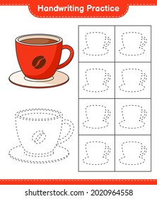 Práctica de escritura a mano. Seguir las líneas de la Copa del Café. Juego infantil educativo, hoja de cálculo imprimible, ilustración vectorial