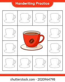 Handwriting practice. Tracing lines of Coffee Cup. Educational children game, printable worksheet, vector illustration