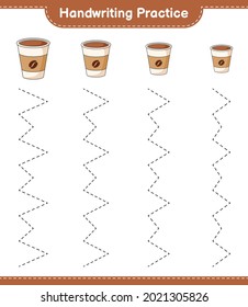 Handschriftübungen. Rennstrecken des Coffee Cup. Kinderspiel, druckbares Arbeitsblatt, Vektorgrafik