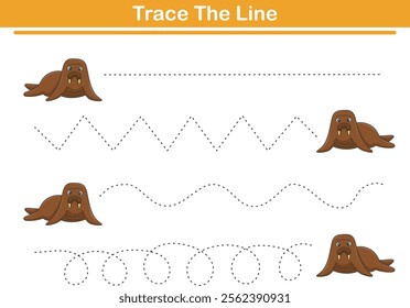 Handwriting Practice. Tracing lines and coloring walrus for children. Vector Illustration
