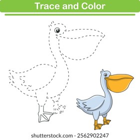 Handwriting Practice. Tracing lines and coloring pelicans for children. Vector Illustration