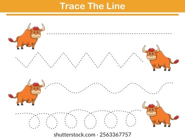 Handwriting Practice. Tracing lines and coloring bulls for children. Vector Illustration