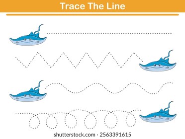 Handwriting Practice. Tracing lines and coloring stingrays for children. Vector Illustration