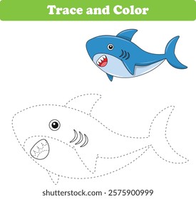 Handwriting Practice. Tracing lines and coloring shark for children. Vector Illustration