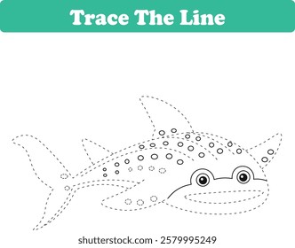 Handwriting Practice. Tracing lines and coloring whale sharks for children. Vector Illustration