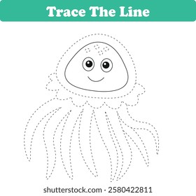 Handwriting Practice. Tracing lines and coloring jellyfish for children. Vector Illustration