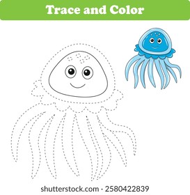 Handwriting Practice. Tracing lines and coloring jellyfish for children. Vector Illustration