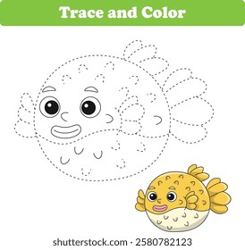Handwriting Practice. Tracing lines and coloring puff fish for children. Vector Illustration