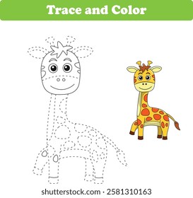 Handwriting Practice. Tracing lines and coloring giraffes for children. Vector Illustration