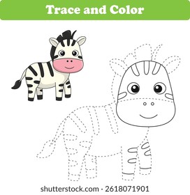 Handwriting Practice. Tracing lines and coloring zebra for children. Vector Illustration